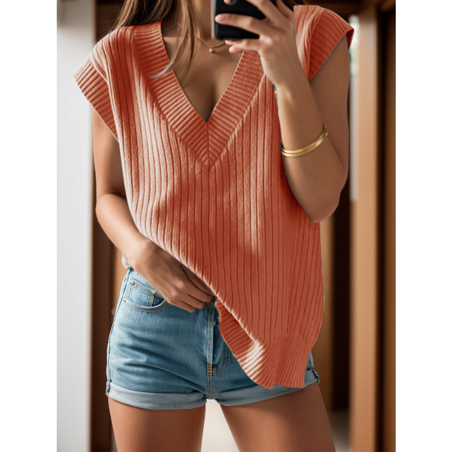 V-Neck Cap Sleeve Knit Vest Sherbet / S Apparel and Accessories