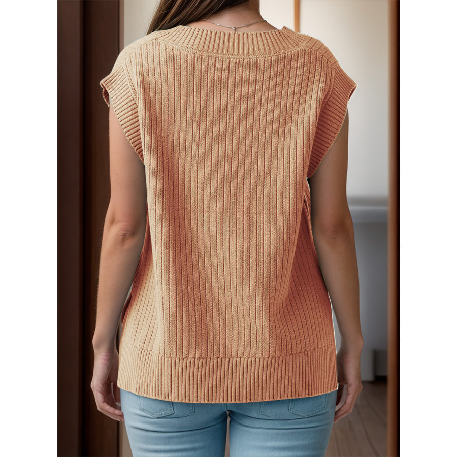 V-Neck Cap Sleeve Knit Vest Tan / S Apparel and Accessories