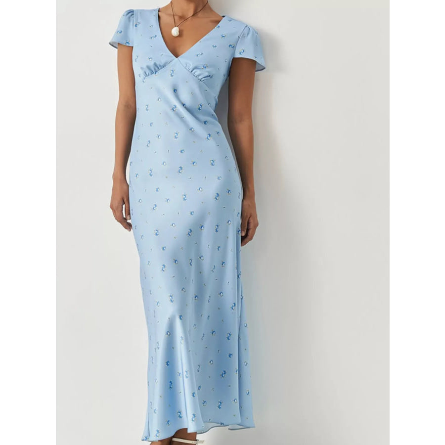 V-Neck Cap Sleeve Maxi Dress Light Blue / S Apparel and Accessories