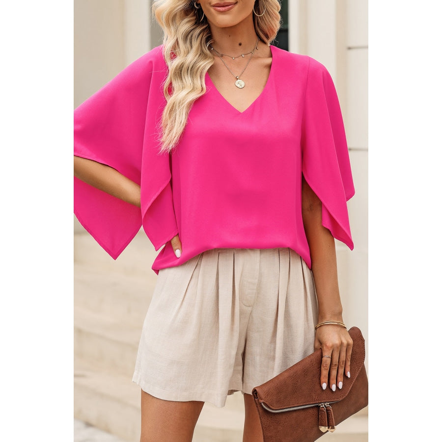 V-Neck Cloak Sleeve Blouse Hot Pink / S