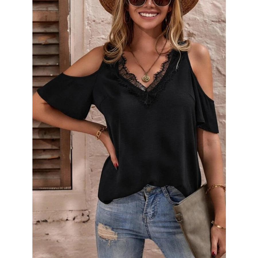 V - Neck Cold Shoulder Blouse Black / S Apparel and Accessories