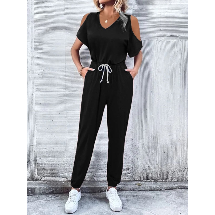 V-Neck Cold-Shoulder Jumpsuit with Pockets Black / S