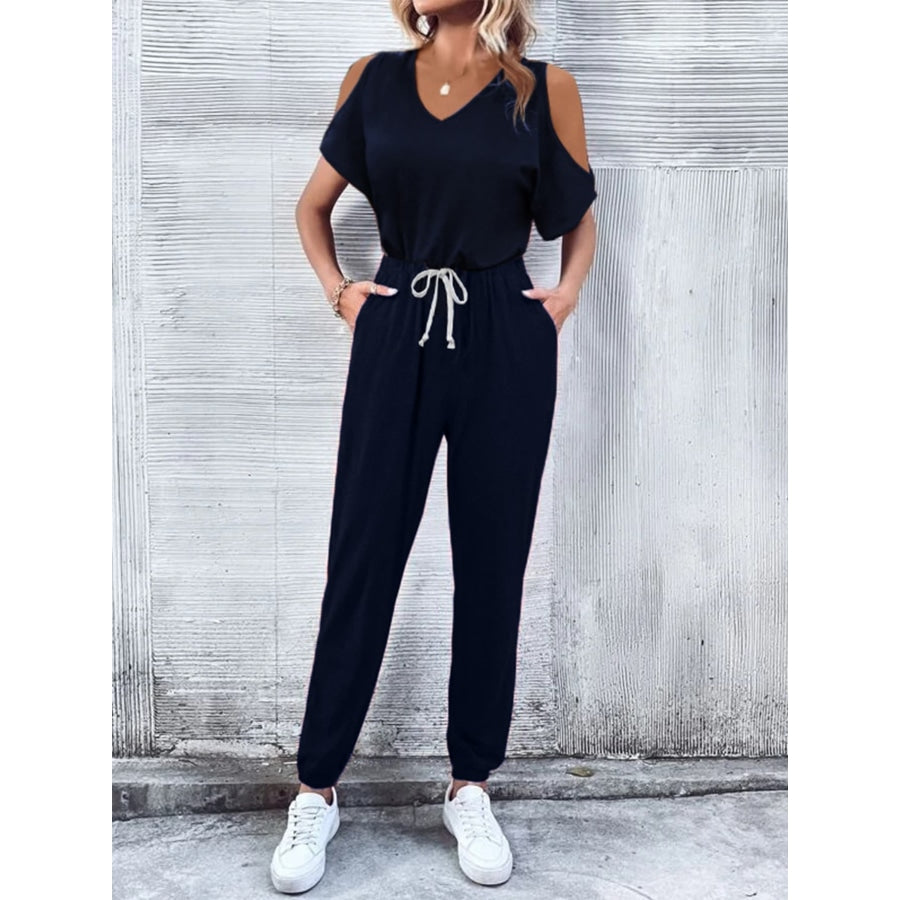 V-Neck Cold-Shoulder Jumpsuit with Pockets Dark Navy / S