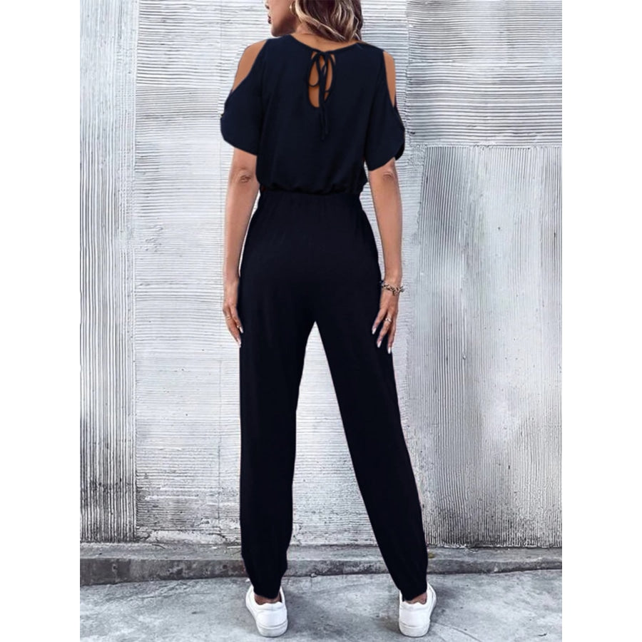 V-Neck Cold-Shoulder Jumpsuit with Pockets Dark Navy / S