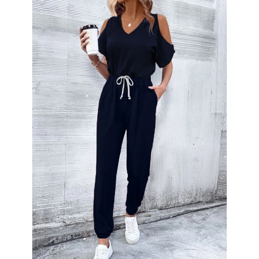 V-Neck Cold-Shoulder Jumpsuit with Pockets