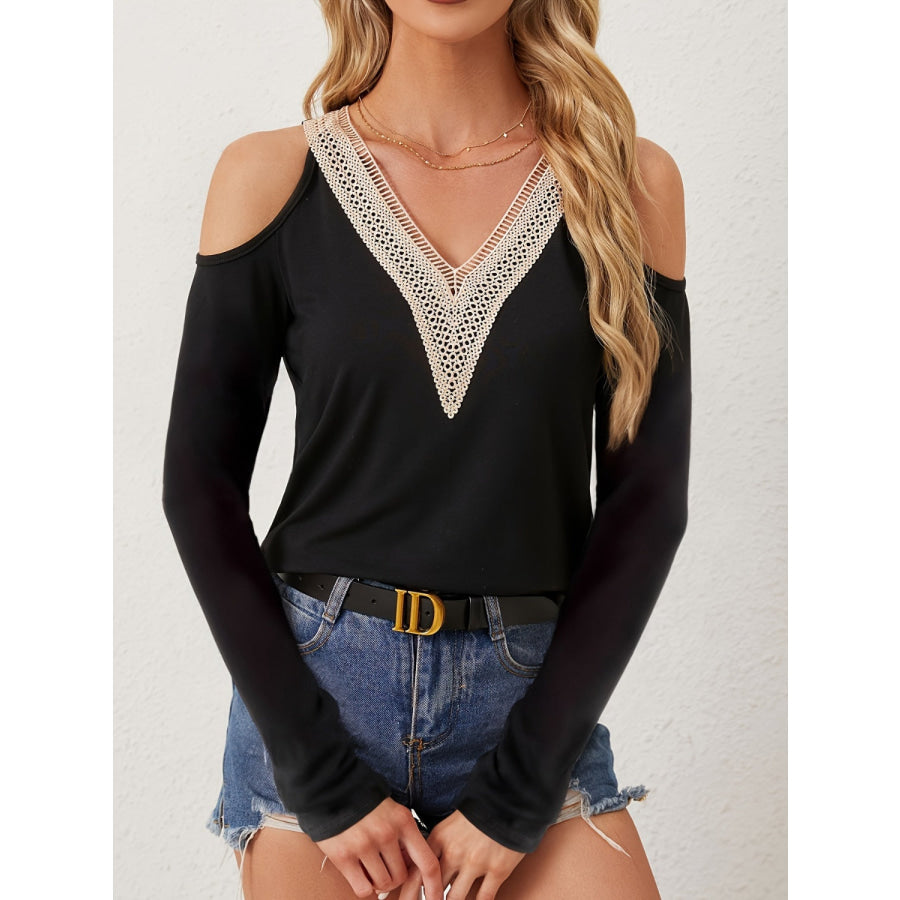 V-Neck Cold Shoulder Long Sleeve T-Shirt Black / S Apparel and Accessories