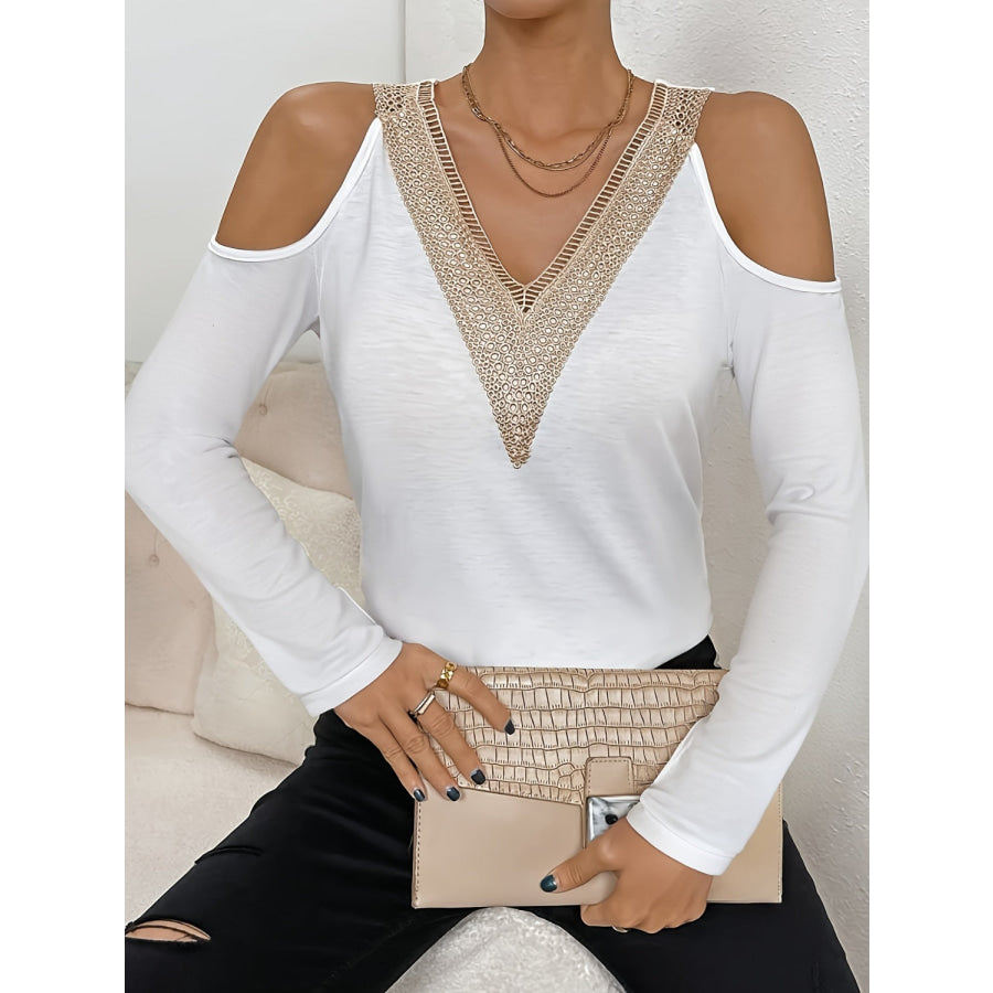 V-Neck Cold Shoulder Long Sleeve T-Shirt White / S Apparel and Accessories