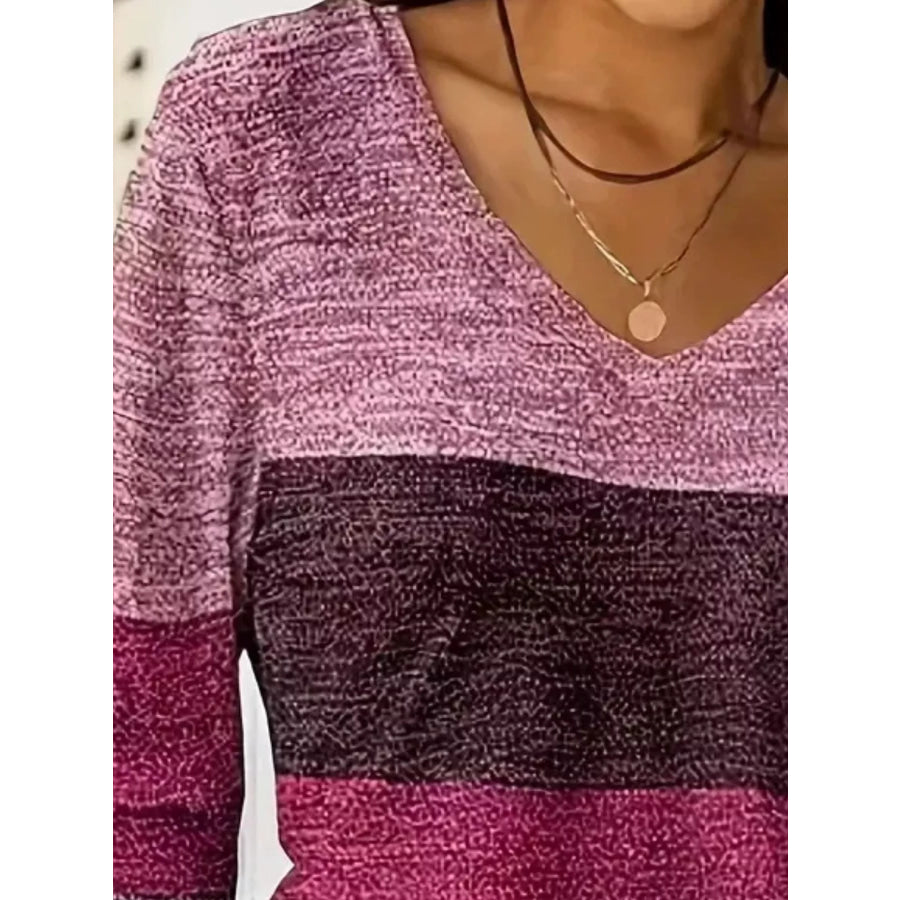 V-Neck Color Block Long Sleeve Casual T-Shirt Apparel and Accessories