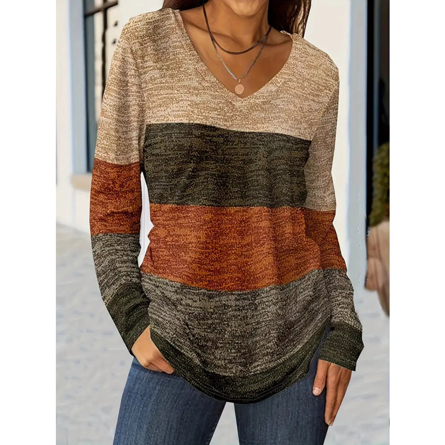 V-Neck Color Block Long Sleeve Casual T-Shirt Light Brown / S Apparel and Accessories