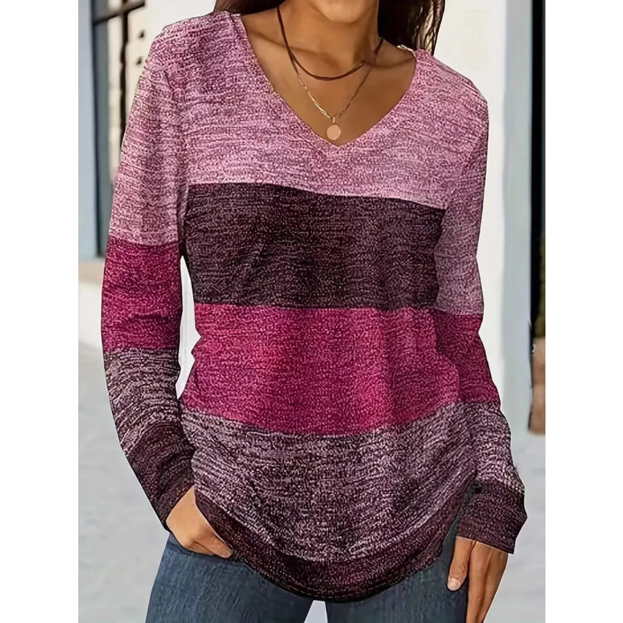 V-Neck Color Block Long Sleeve Casual T-Shirt Purple / S Apparel and Accessories
