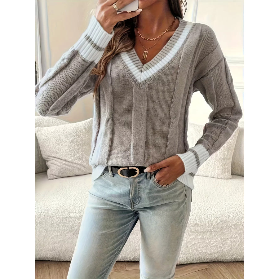 V-Neck Contrast Trim Sweater Gray / S Apparel and Accessories