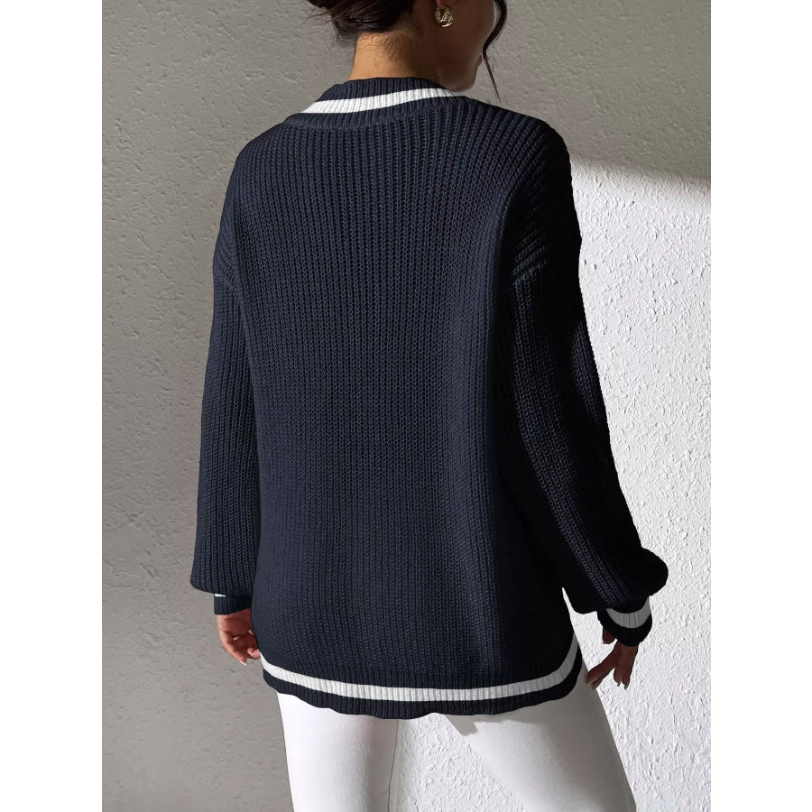 V-Neck Contrast Trim Sweater with Pearl Decor Apparel and Accessories