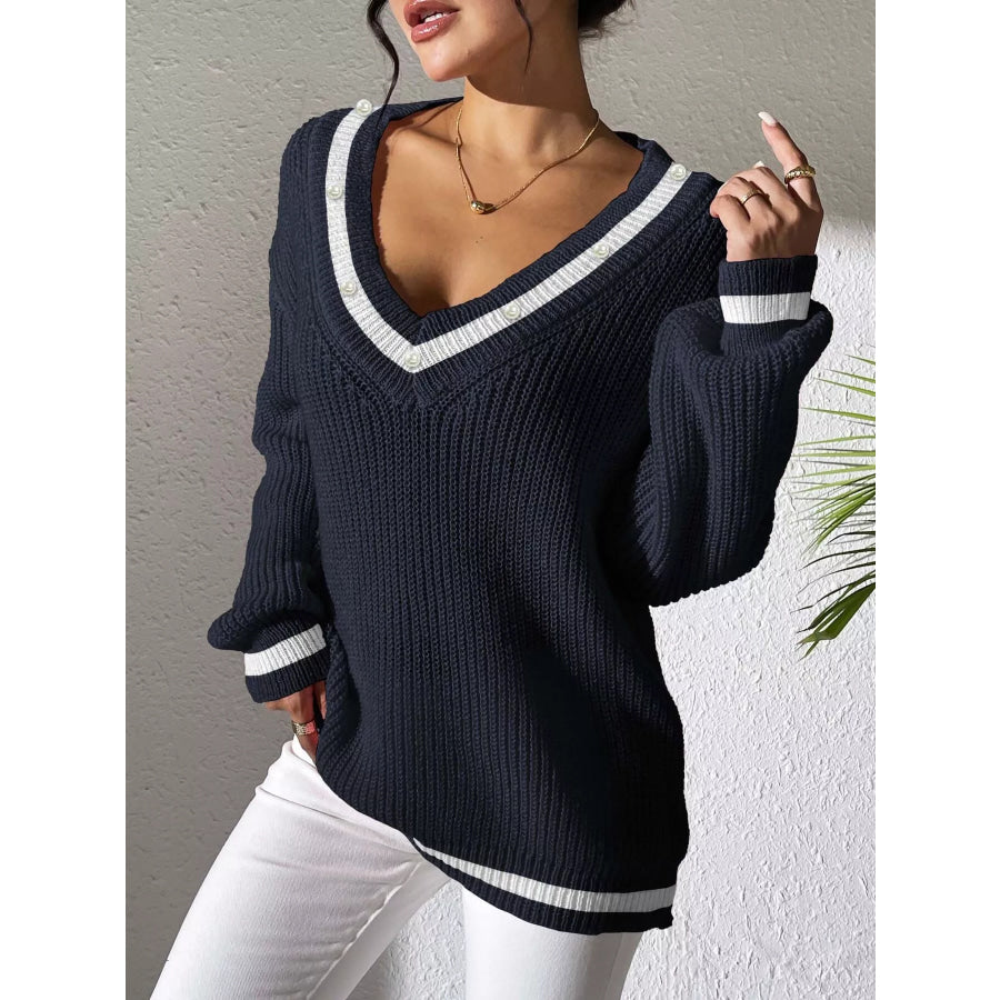 V-Neck Contrast Trim Sweater with Pearl Decor Apparel and Accessories