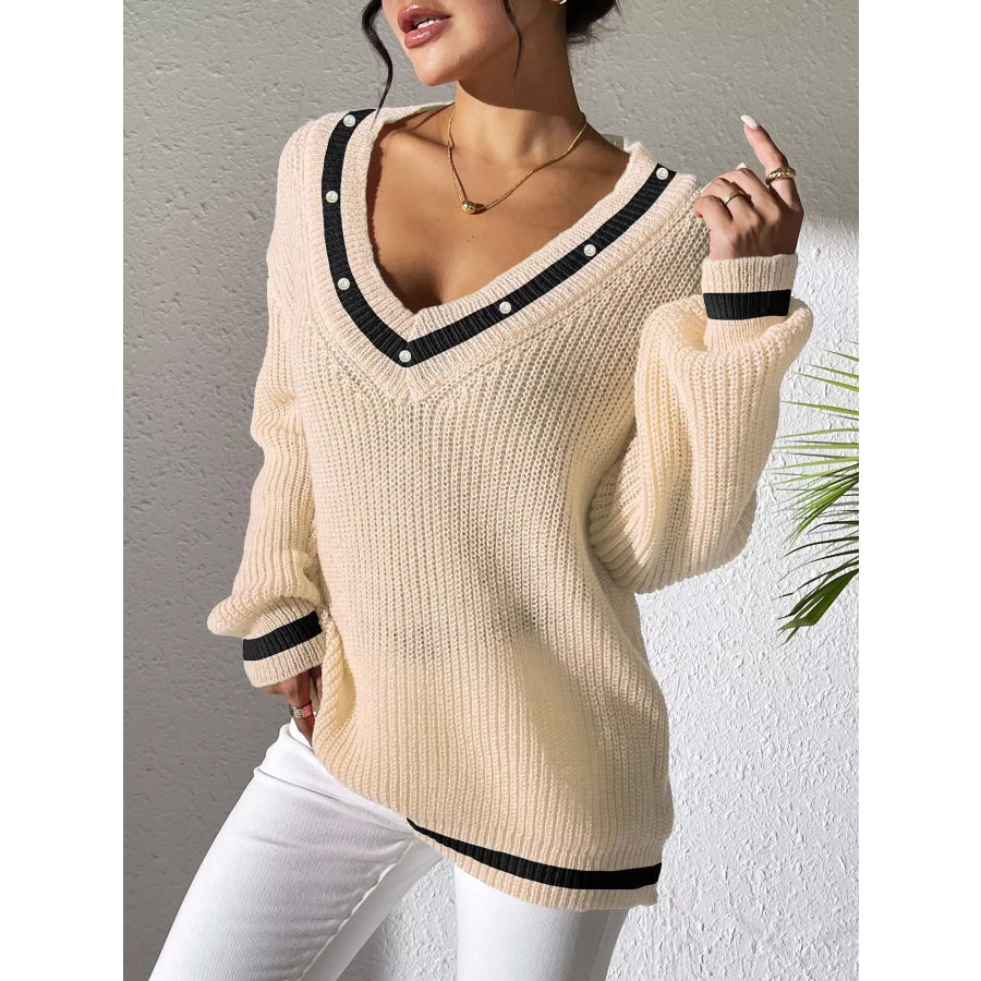 V-Neck Contrast Trim Sweater with Pearl Decor Tan / S Apparel and Accessories