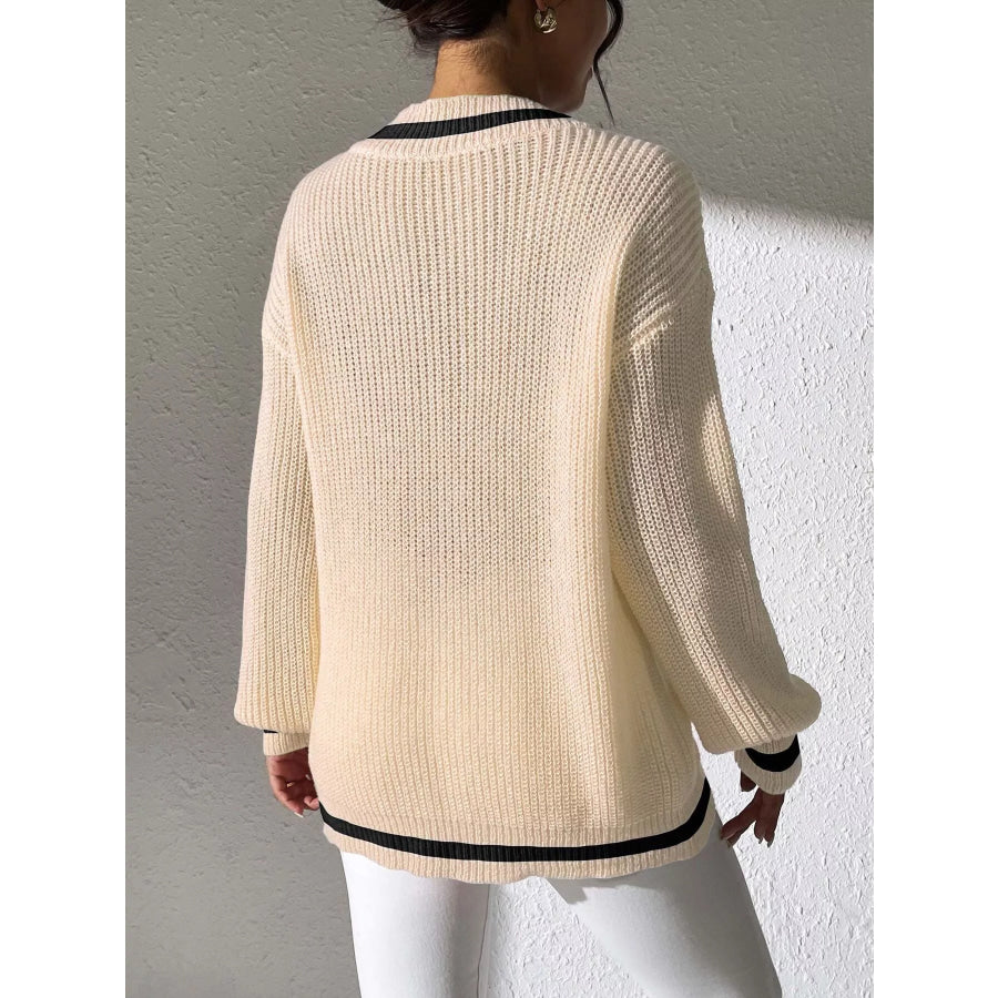 V-Neck Contrast Trim Sweater with Pearl Decor Apparel and Accessories
