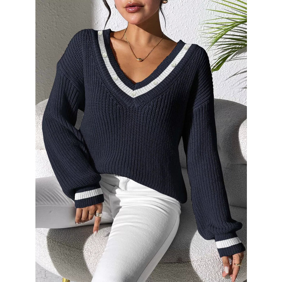 V-Neck Contrast Trim Sweater with Pearl Decor Apparel and Accessories