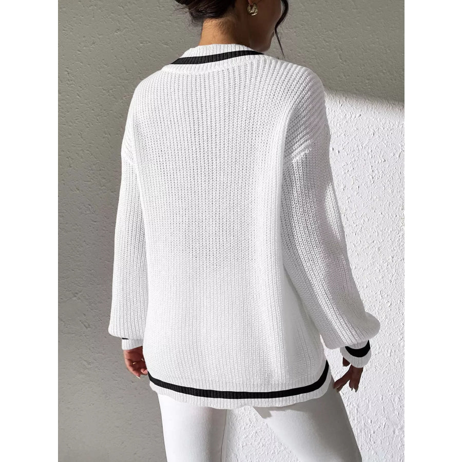 V-Neck Contrast Trim Sweater with Pearl Decor Apparel and Accessories