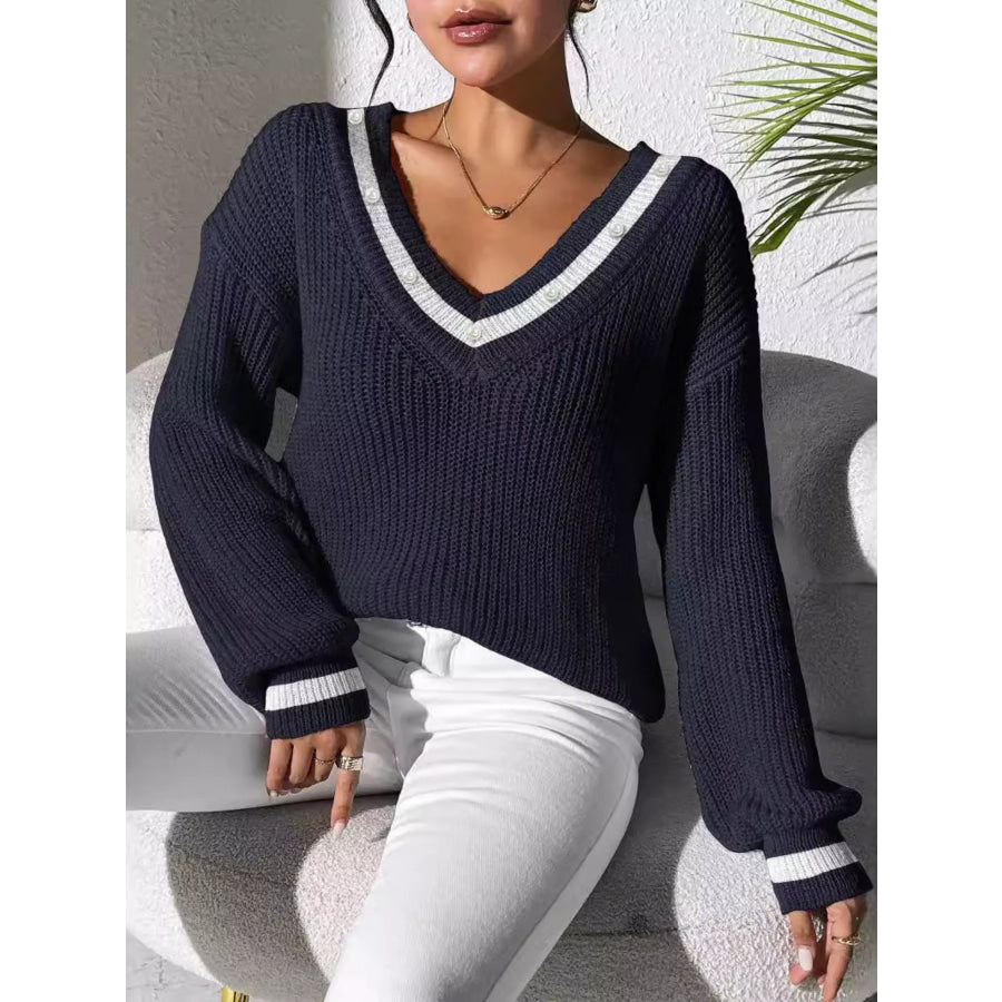 V-Neck Contrast Trim Sweater with Pearl Decor Apparel and Accessories