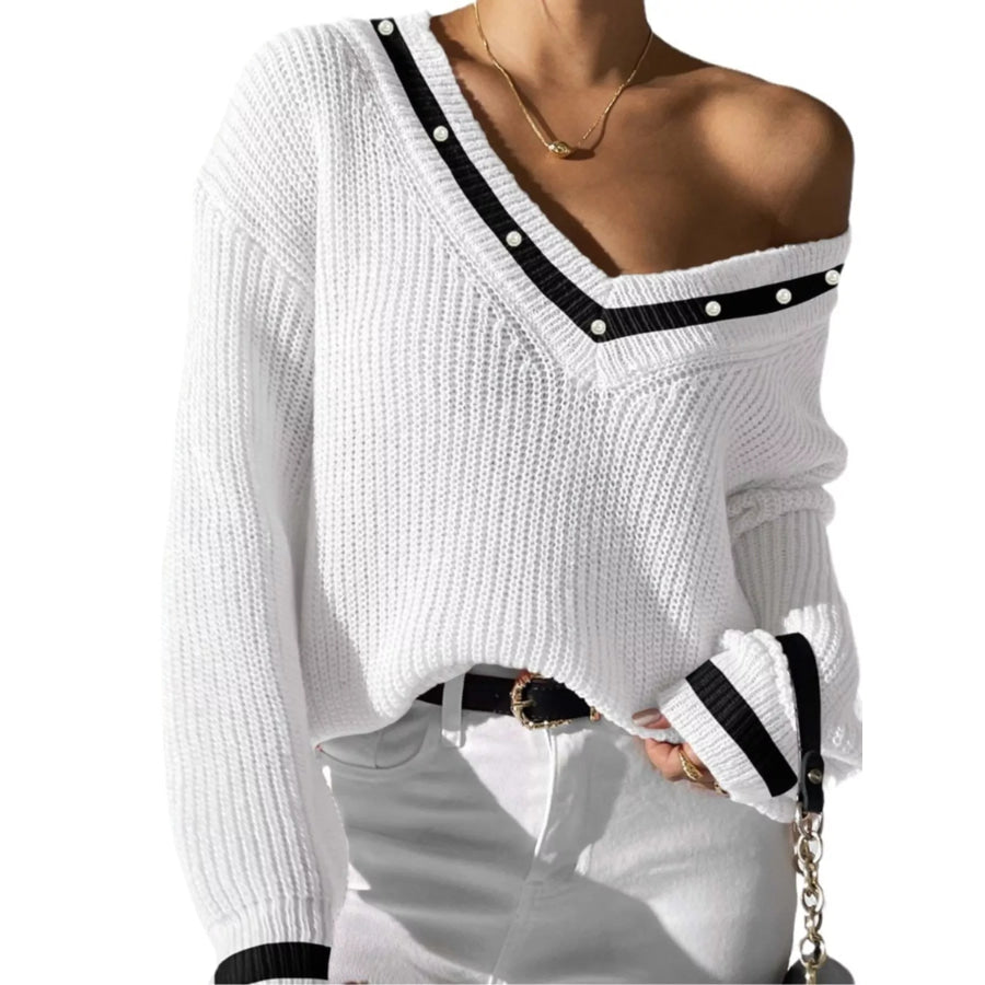 V-Neck Contrast Trim Sweater with Pearl Decor Apparel and Accessories