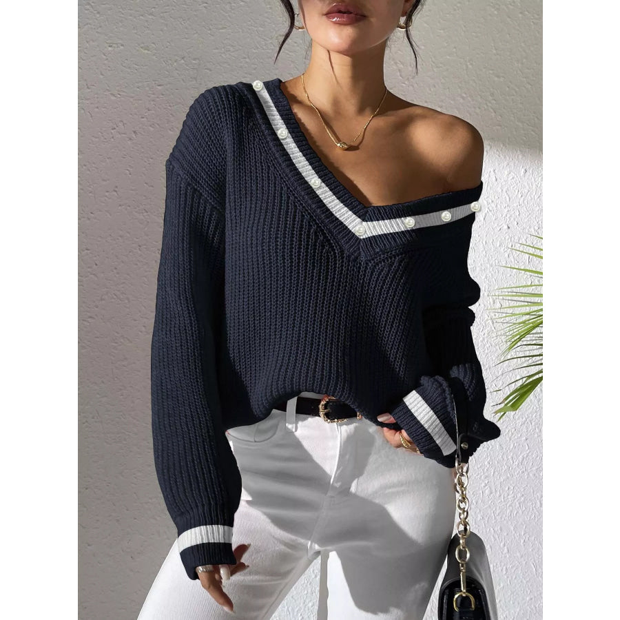 V-Neck Contrast Trim Sweater with Pearl Decor Dark Navy / S Apparel and Accessories