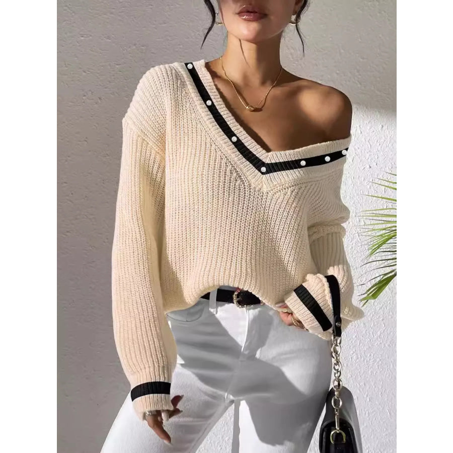 V-Neck Contrast Trim Sweater with Pearl Decor Tan / S Apparel and Accessories