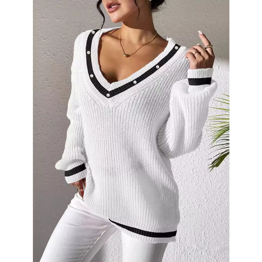 V-Neck Contrast Trim Sweater with Pearl Decor White / S Apparel and Accessories