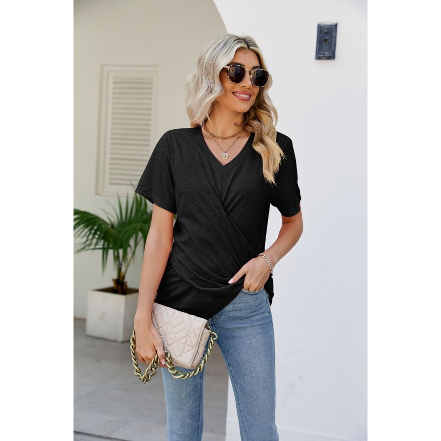 V-Neck Crisscross Short Sleeve Tee Black / S