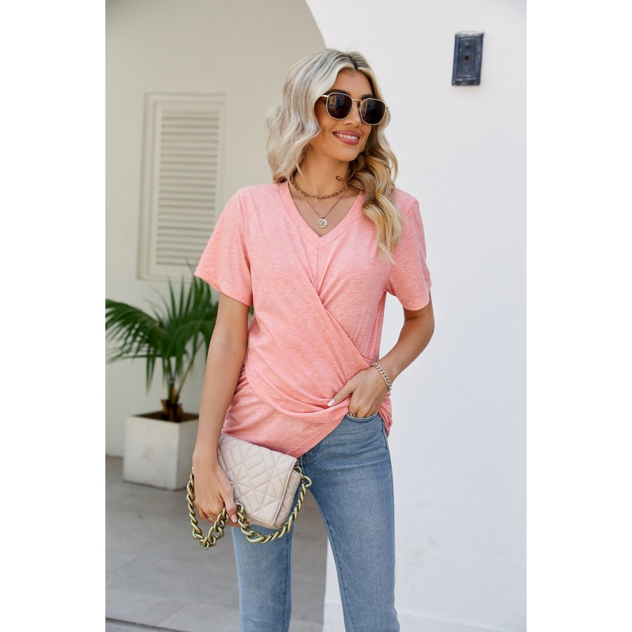 V-Neck Crisscross Short Sleeve Tee Coral / S