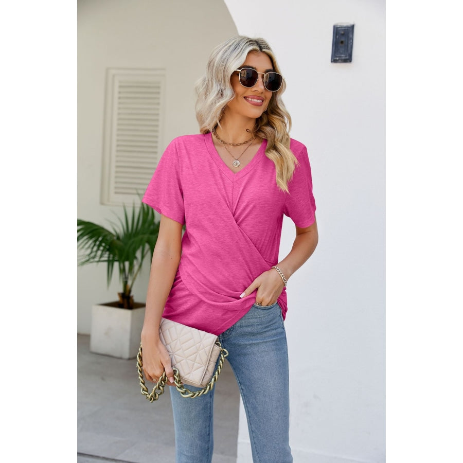 V-Neck Crisscross Short Sleeve Tee Deep Rose / S