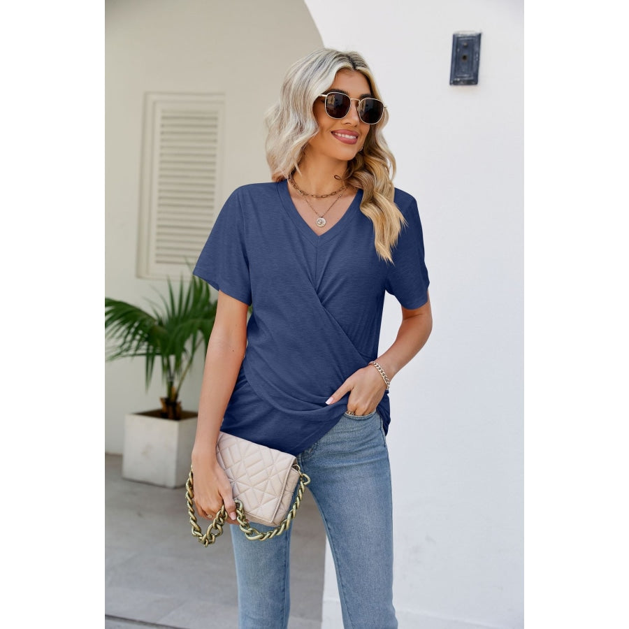 V-Neck Crisscross Short Sleeve Tee Dusty Blue / S