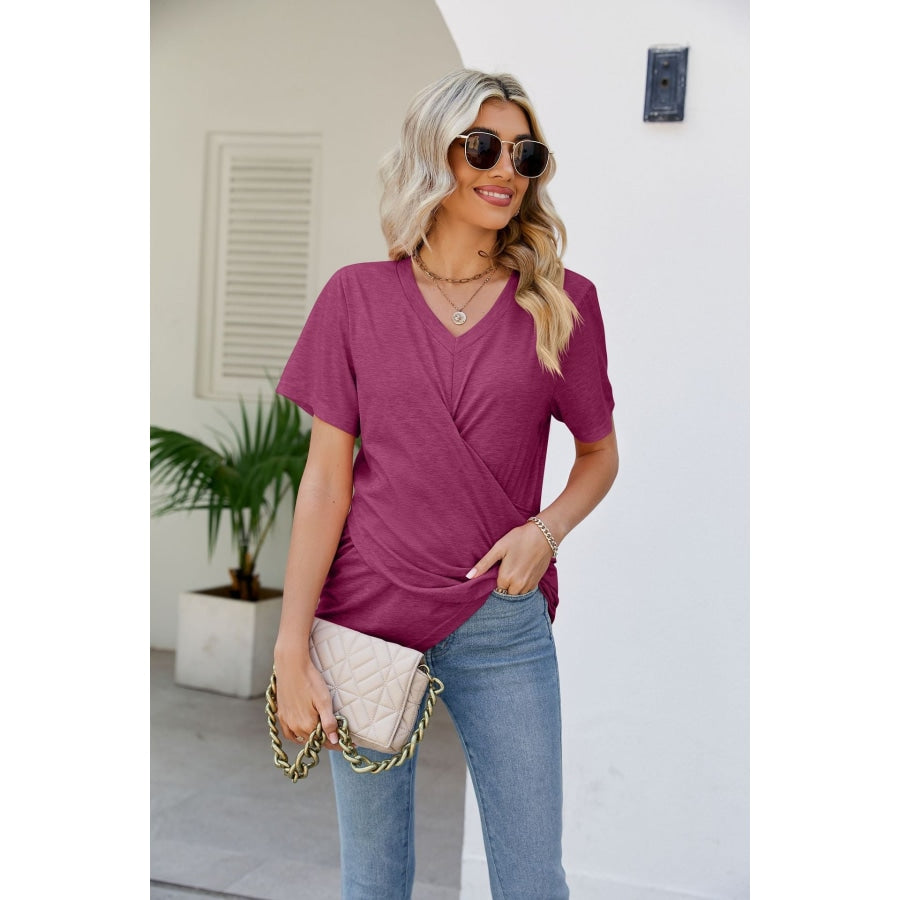 V-Neck Crisscross Short Sleeve Tee Magenta / S