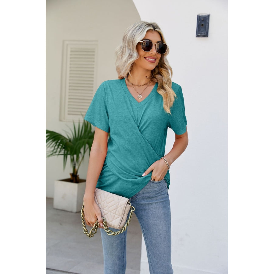 V-Neck Crisscross Short Sleeve Tee Turquoise / S