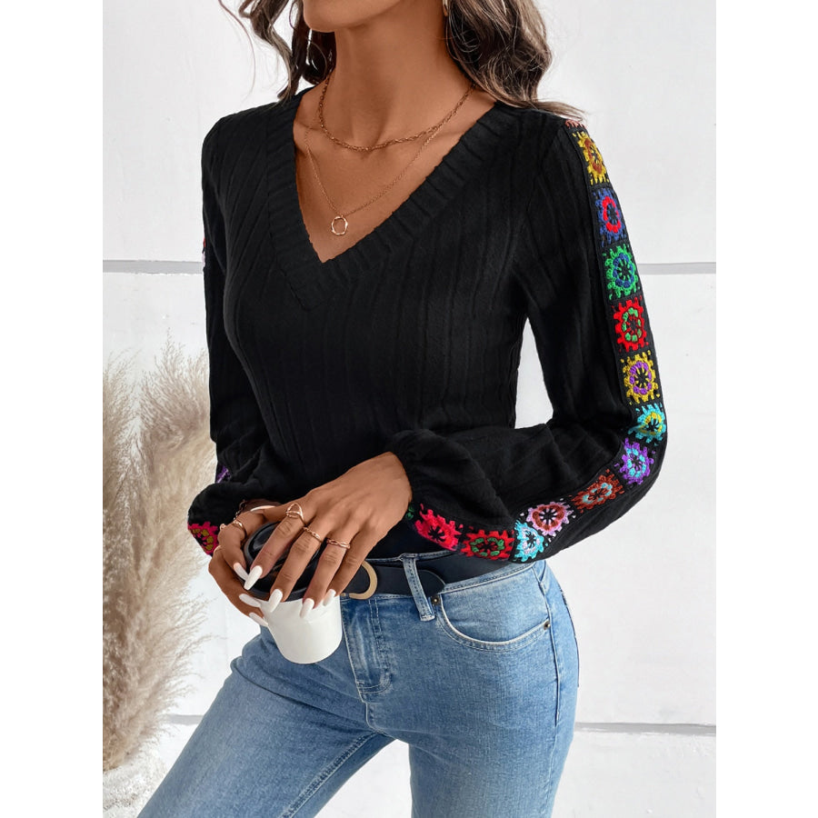 V-Neck Crochet Long Sleeve Top Apparel and Accessories