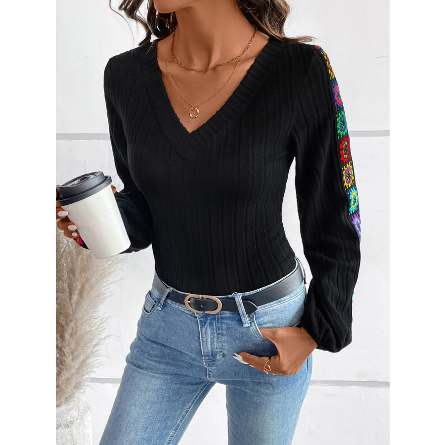 V-Neck Crochet Long Sleeve Top Apparel and Accessories