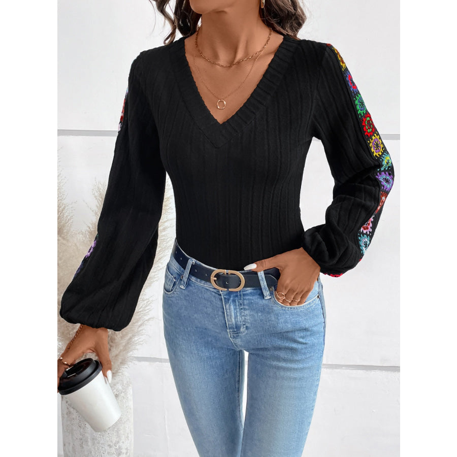 V-Neck Crochet Long Sleeve Top Apparel and Accessories