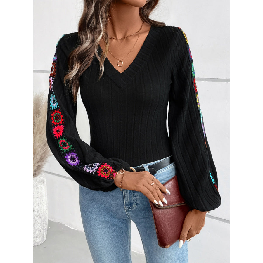 V-Neck Crochet Long Sleeve Top Apparel and Accessories