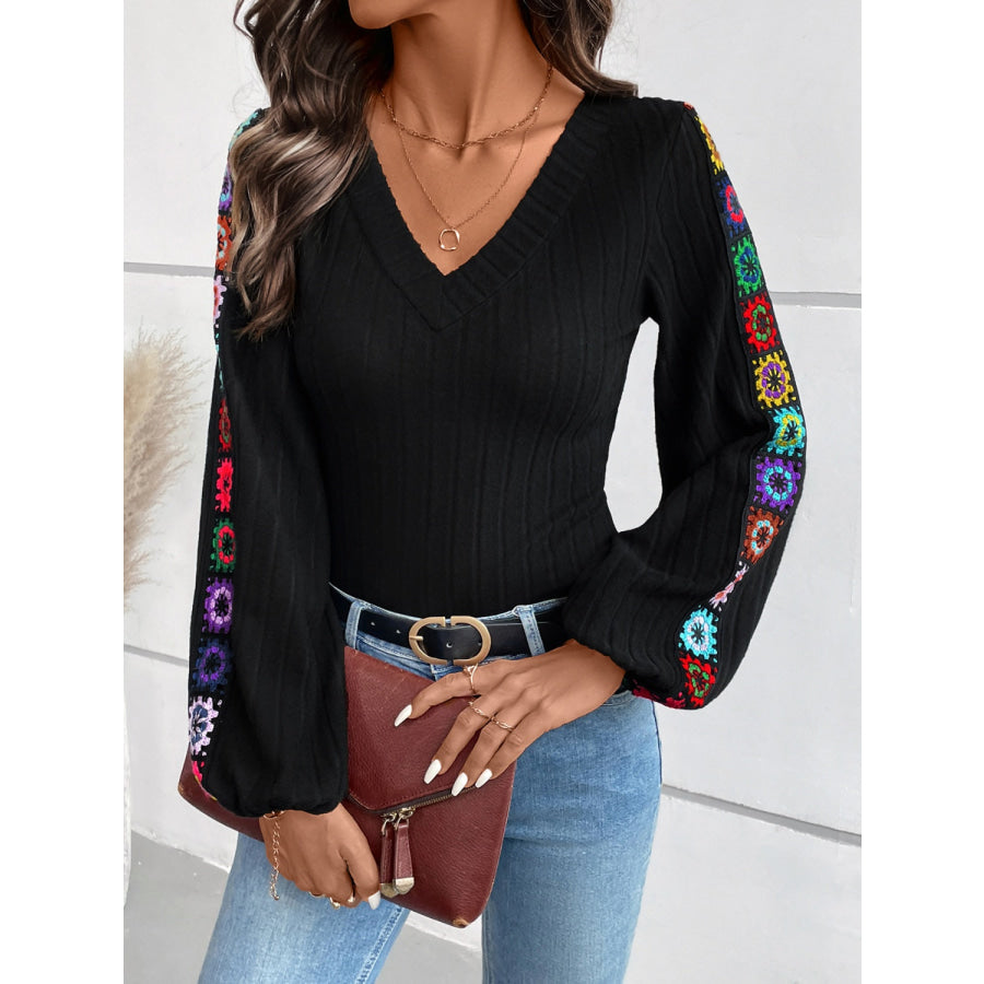 V-Neck Crochet Long Sleeve Top Black / S Apparel and Accessories