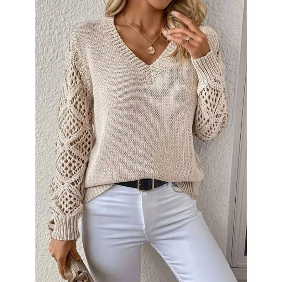 V-Neck Crochet Sleeve Sweater Dust Storm / S Apparel and Accessories