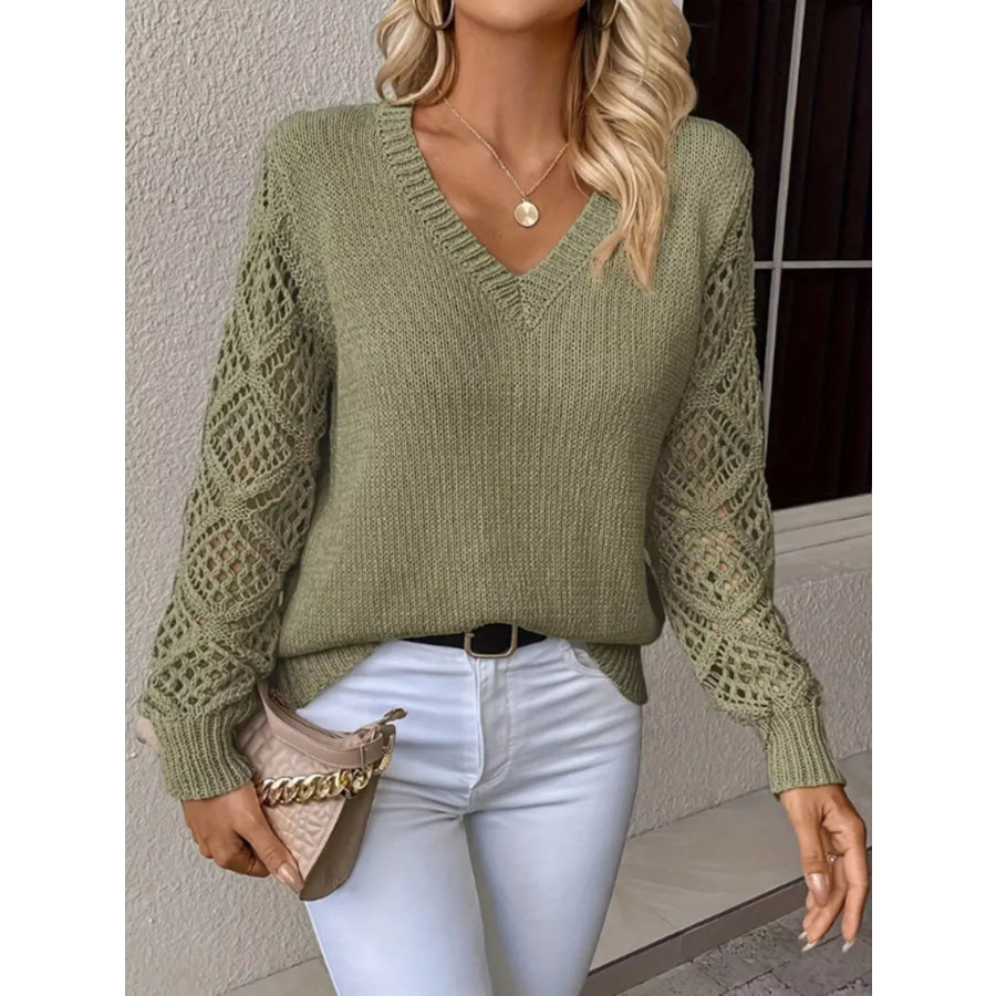 V-Neck Crochet Sleeve Sweater Apparel and Accessories