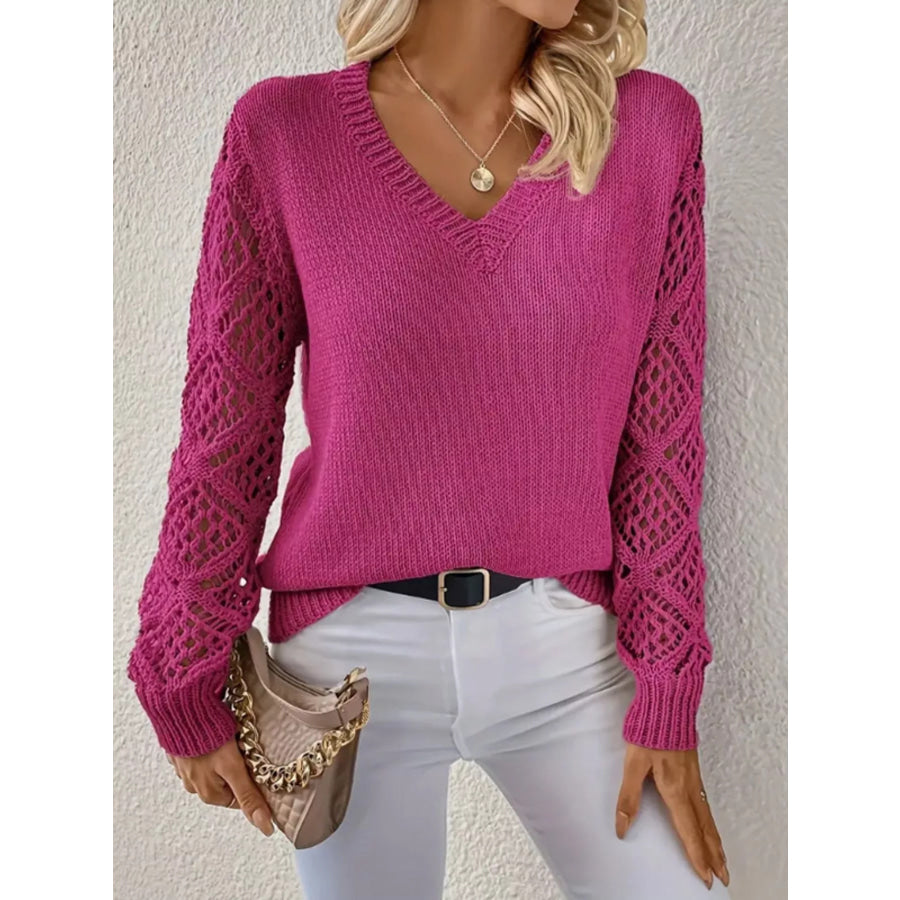 V-Neck Crochet Sleeve Sweater Cerise / S Apparel and Accessories