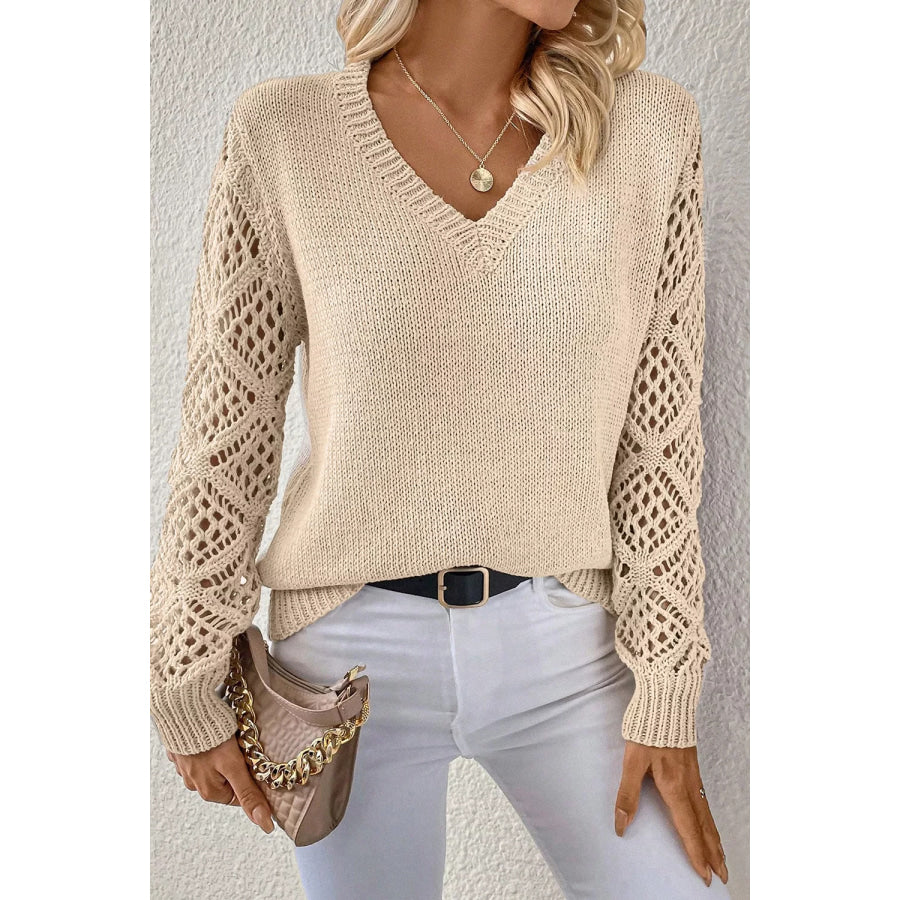 V-Neck Crochet Sleeve Sweater Cream / S Apparel and Accessories