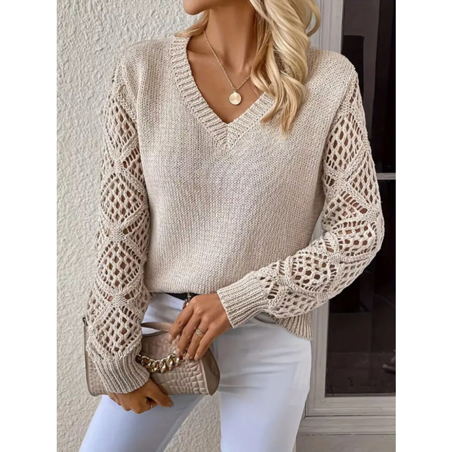 V-Neck Crochet Sleeve Sweater Dust Storm / S Apparel and Accessories