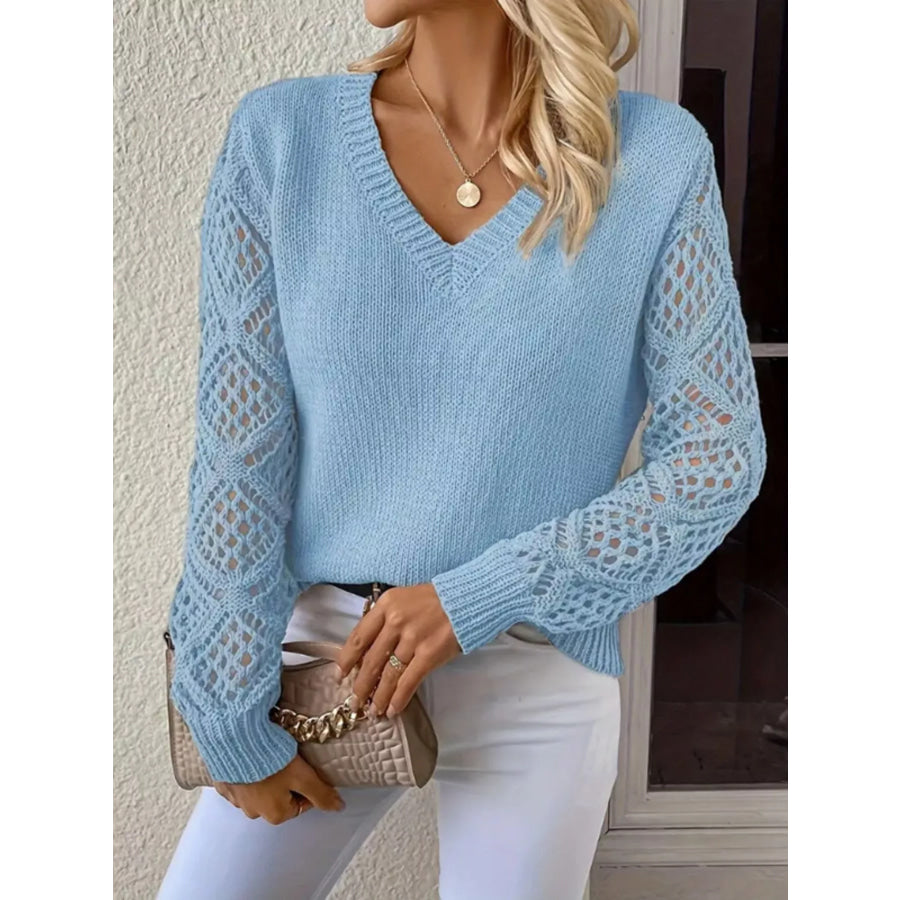V-Neck Crochet Sleeve Sweater Light Blue / S Apparel and Accessories