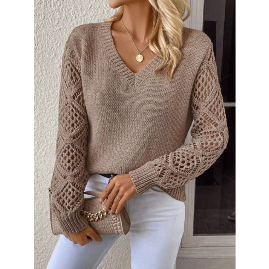 V-Neck Crochet Sleeve Sweater Mocha / S Apparel and Accessories