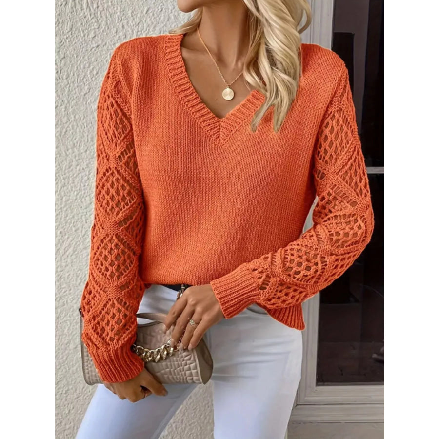V-Neck Crochet Sleeve Sweater Orange / S Apparel and Accessories