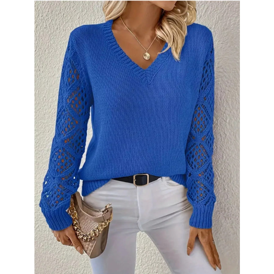 V-Neck Crochet Sleeve Sweater Royal Blue / S Apparel and Accessories