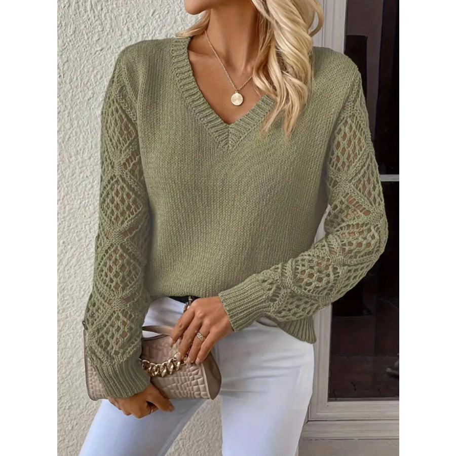 V-Neck Crochet Sleeve Sweater Yellow-Green / S Apparel and Accessories