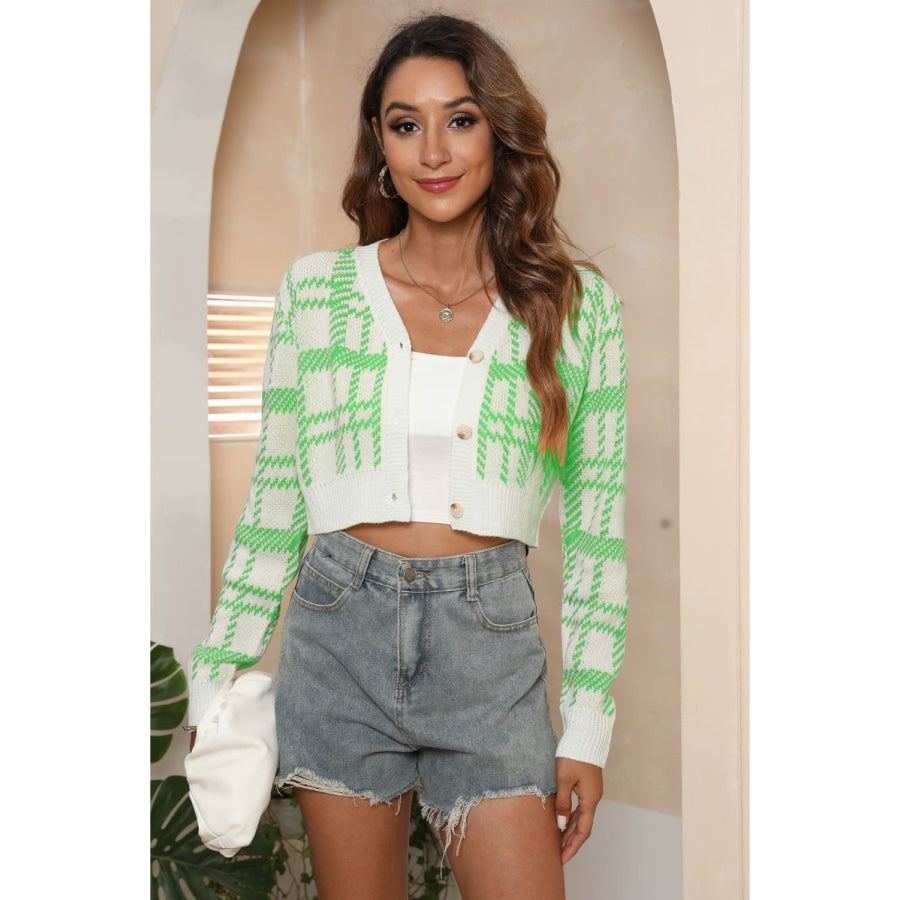 V-Neck Cropped Button-Up Cardigan Mid Green / S