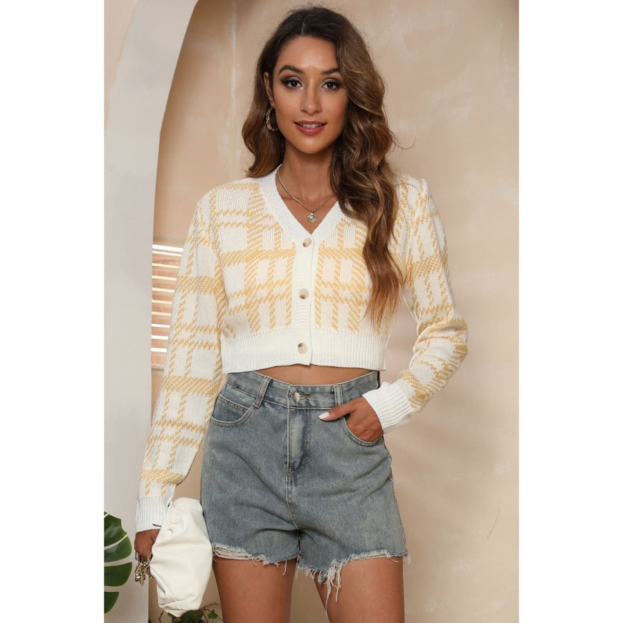 V-Neck Cropped Button-Up Cardigan Mustard / S