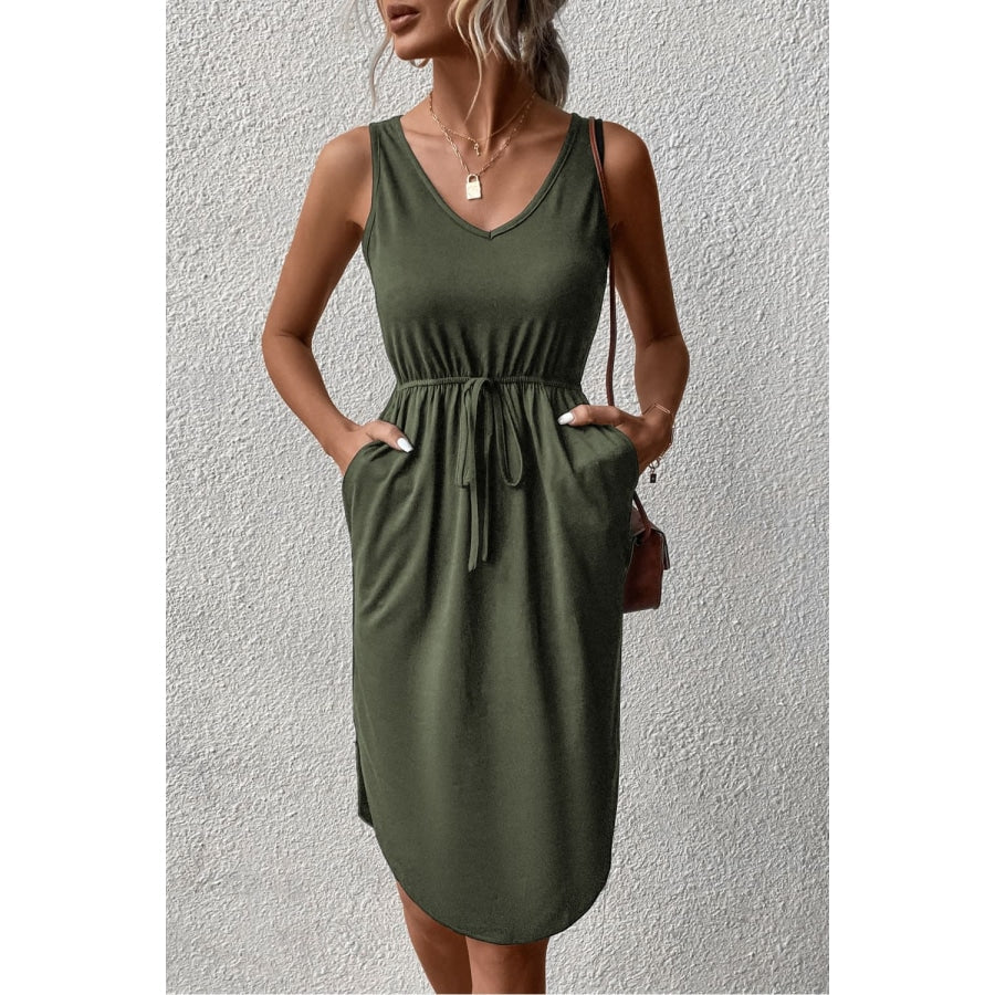 V-Neck Curved Hem Sleeveless Dress Army Green / S